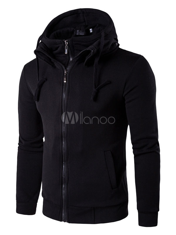 Black Men's Hoodie Zip Up Drawstring Casual Hooded Jacket - Milanoo.com