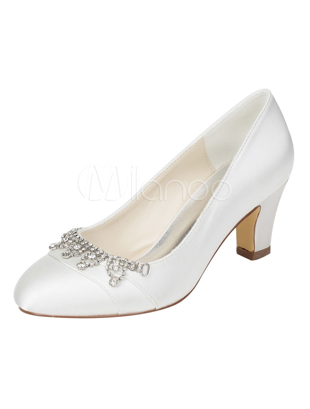 Ivory Bridal Shoes Silk Chunky Heel Rhinestone Round Toe Slip On Pumps ...