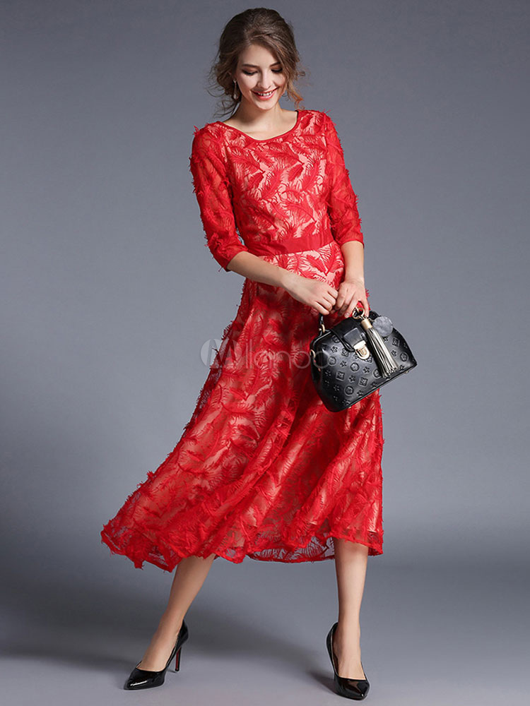 Red Skater Dress Round Neck 3/4 Length Sleeve Embroidered Long Dress ...