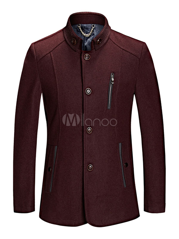 Men's Wool Coat Burgundy Button Pockets Stand Collar Slim Fit Outwear ...