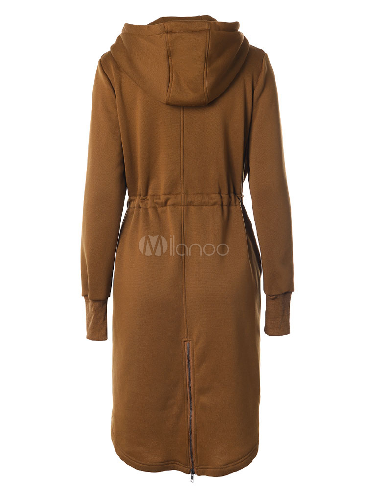 Hooded Long Coat Women's Drawstring Waist Long Sleeve Fit Casual ...