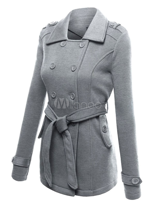 Grey Trench Coat Women's Double Breasted Cuff Strap Longline Coat With Sash