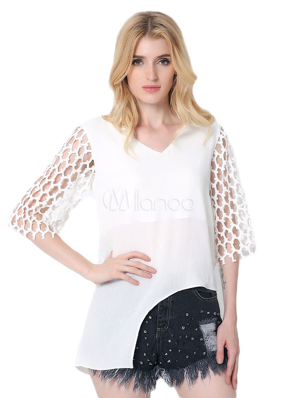 White Chiffon Blouse V Neck Half Sleeve Cut Out Irregular Top For Women ...