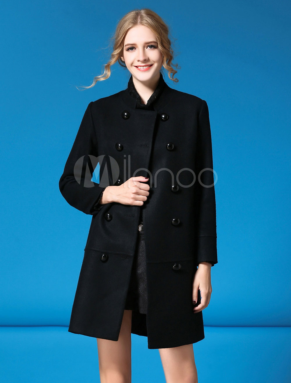 Black Pea Coat Women's Double Breasted Long Sleeve Knee Length Jacket ...