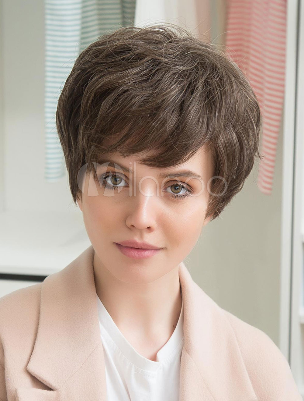 Human Hair Short Wigs Pixie Cut Capless Hair Wigs Layered Side Swept