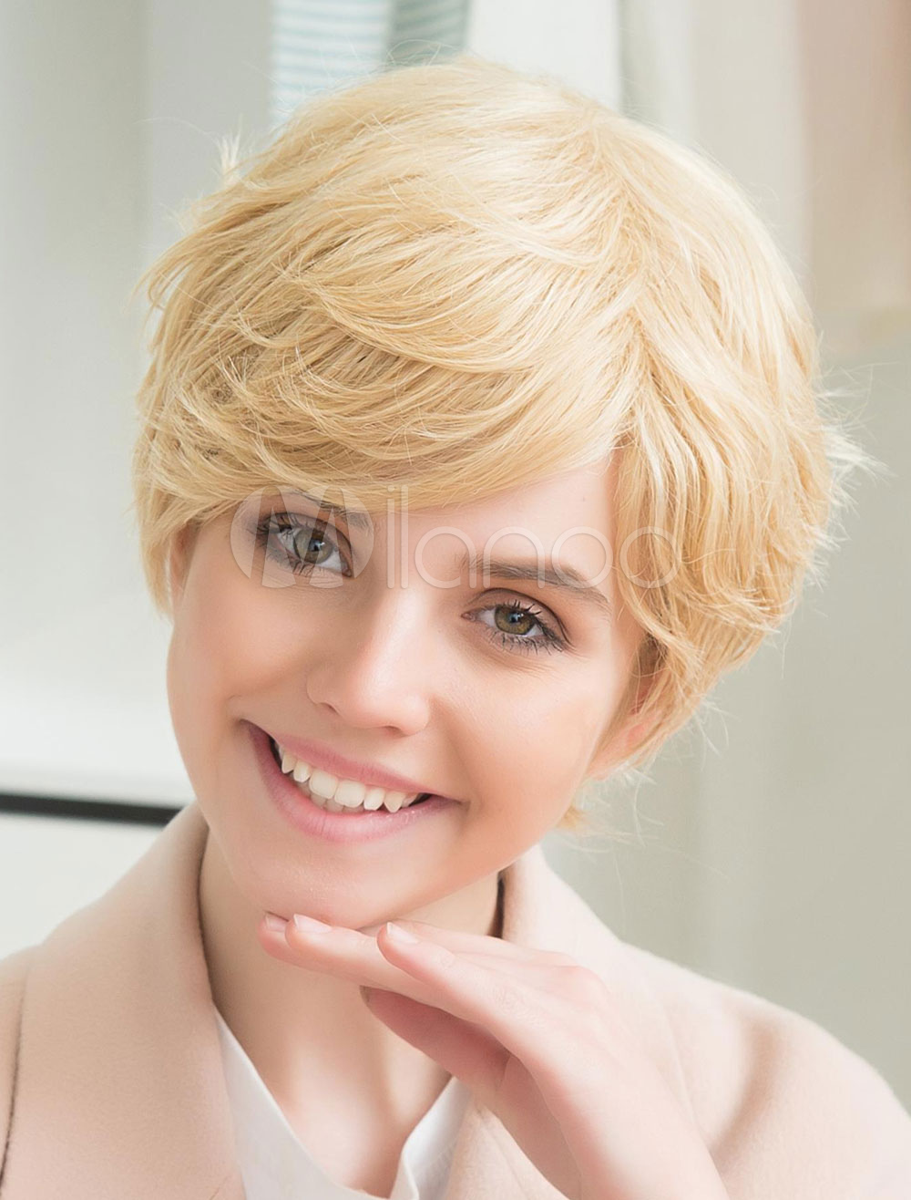 Light Gold Human Hair Wigs Short Pixie Cut Wigs Layered Curly At Ends