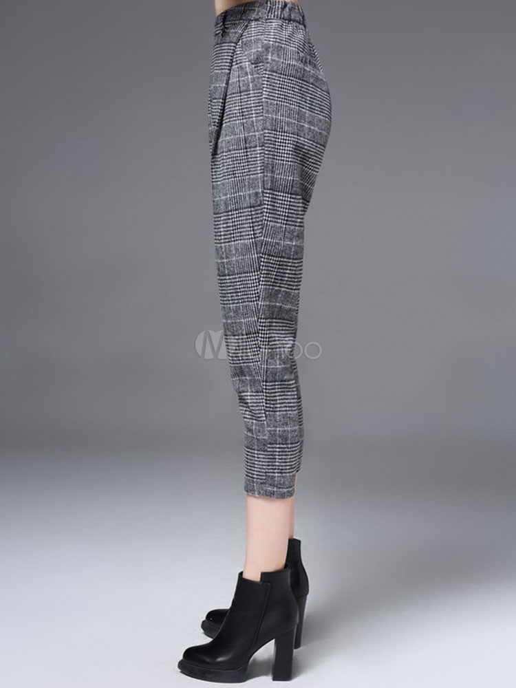 Women's Grey Pants Wool Elastic Waist Cropped Suspender Pants