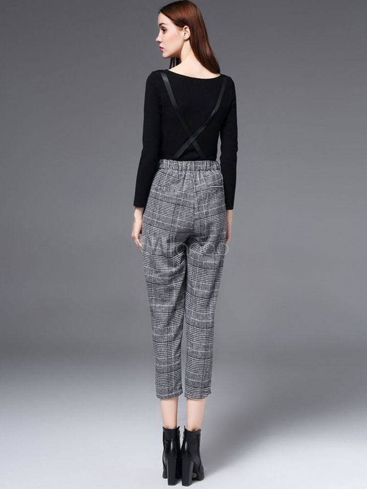 Women's Grey Pants Wool Elastic Waist Cropped Suspender Pants - Milanoo.com