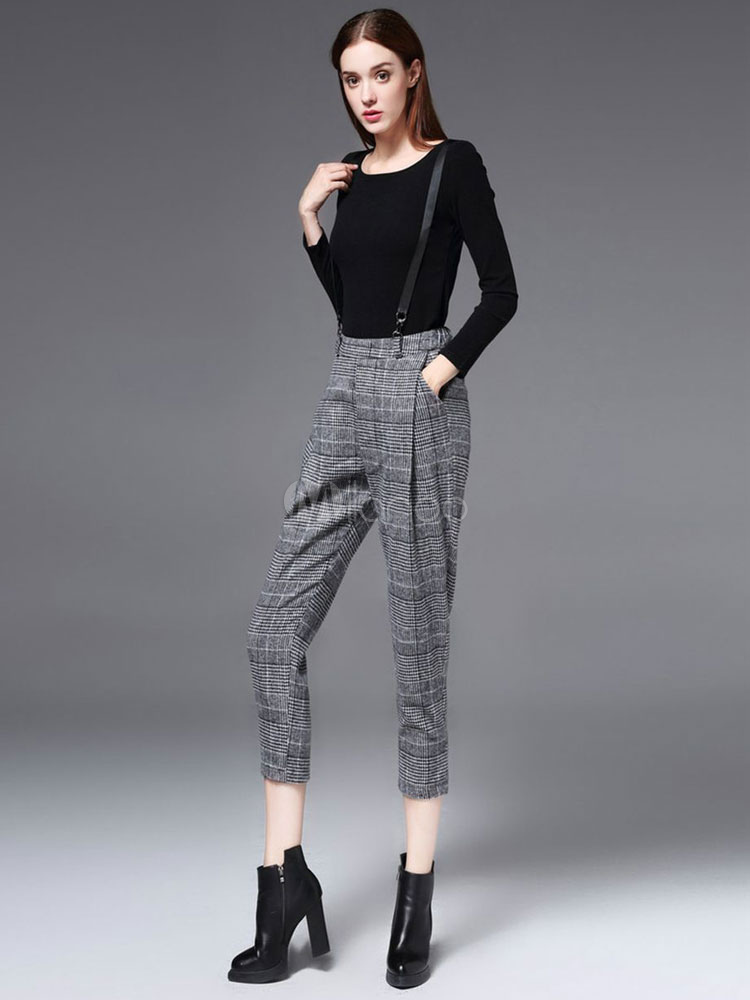 Women's Grey Pants Wool Elastic Waist Cropped Suspender Pants - Milanoo.com