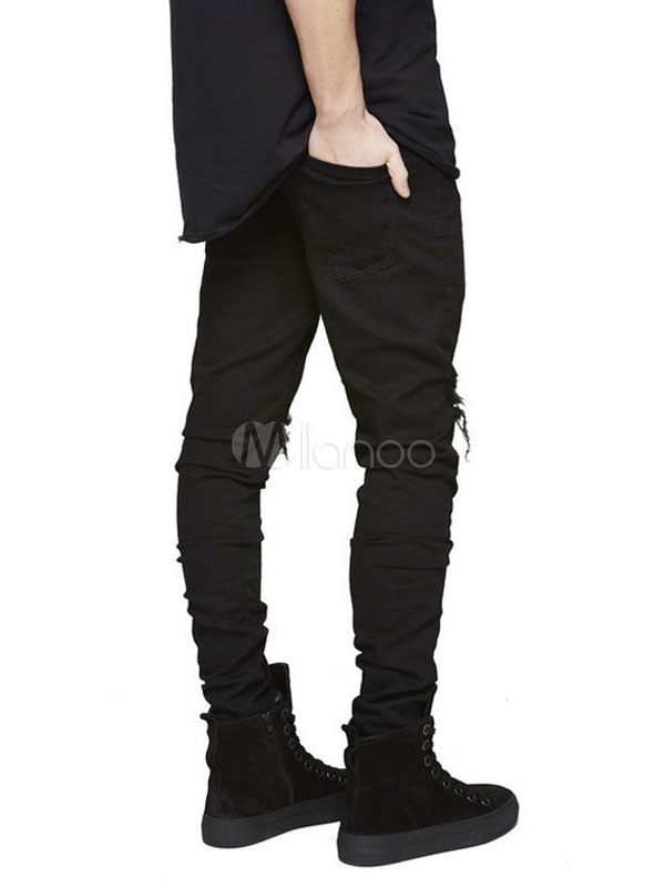 Black Denim Jeans Cowboy Style Skinny Leg Ripped Jeans For Men ...