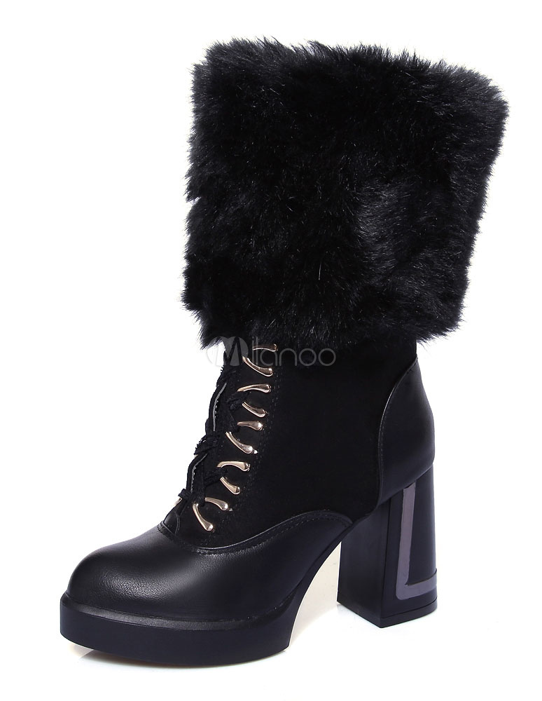 Black Fur Boots Chunky Heel Mid Calf Boots Lace Up Round Toe Winter ...