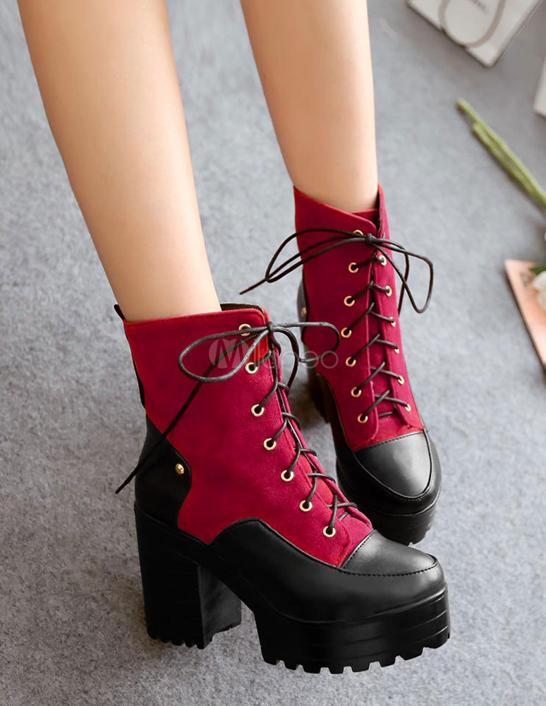 Chunky Heel Ankle Boots Platform Two Tone Winter Boots Suede Patchwork ...