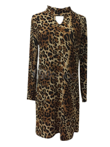 Leopard Print Shift Dress Cut Out Long Sleeve Stand Collar Women's ...