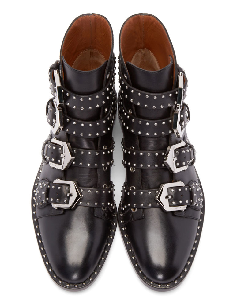 Black Motorcycle Boots Cowhide Studded Buckles Round Toe Ankle 