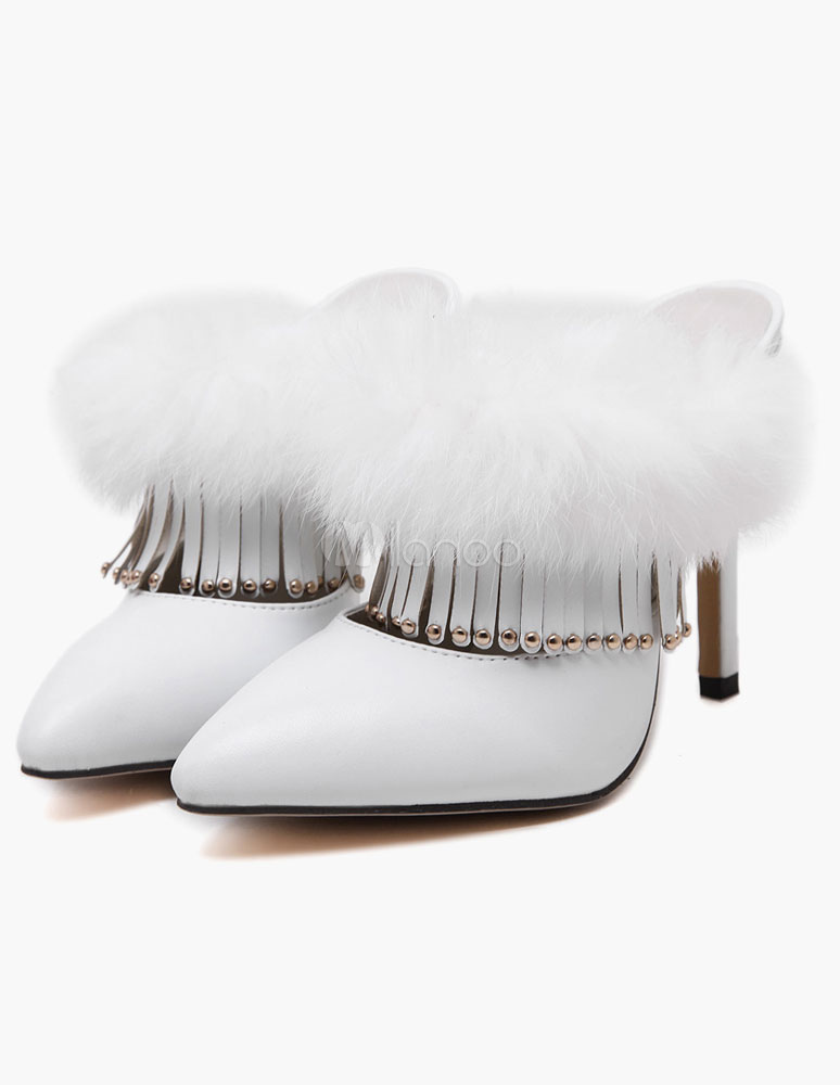 Black Leather Slippers Studded Pointy Toe Slippers for Women