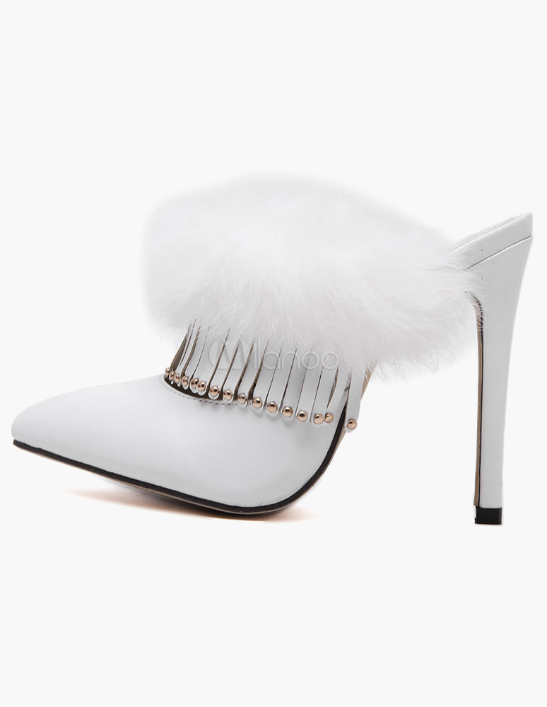 Black Leather Slippers Studded Pointy Toe Slippers for Women