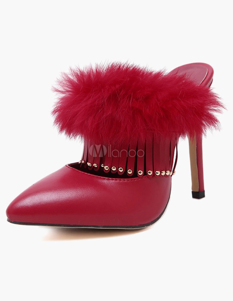 Black Leather Slippers Studded Pointy Toe Slippers for Women