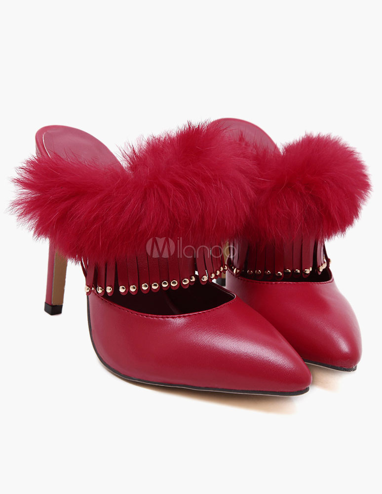 Black Leather Slippers Studded Pointy Toe Slippers for Women
