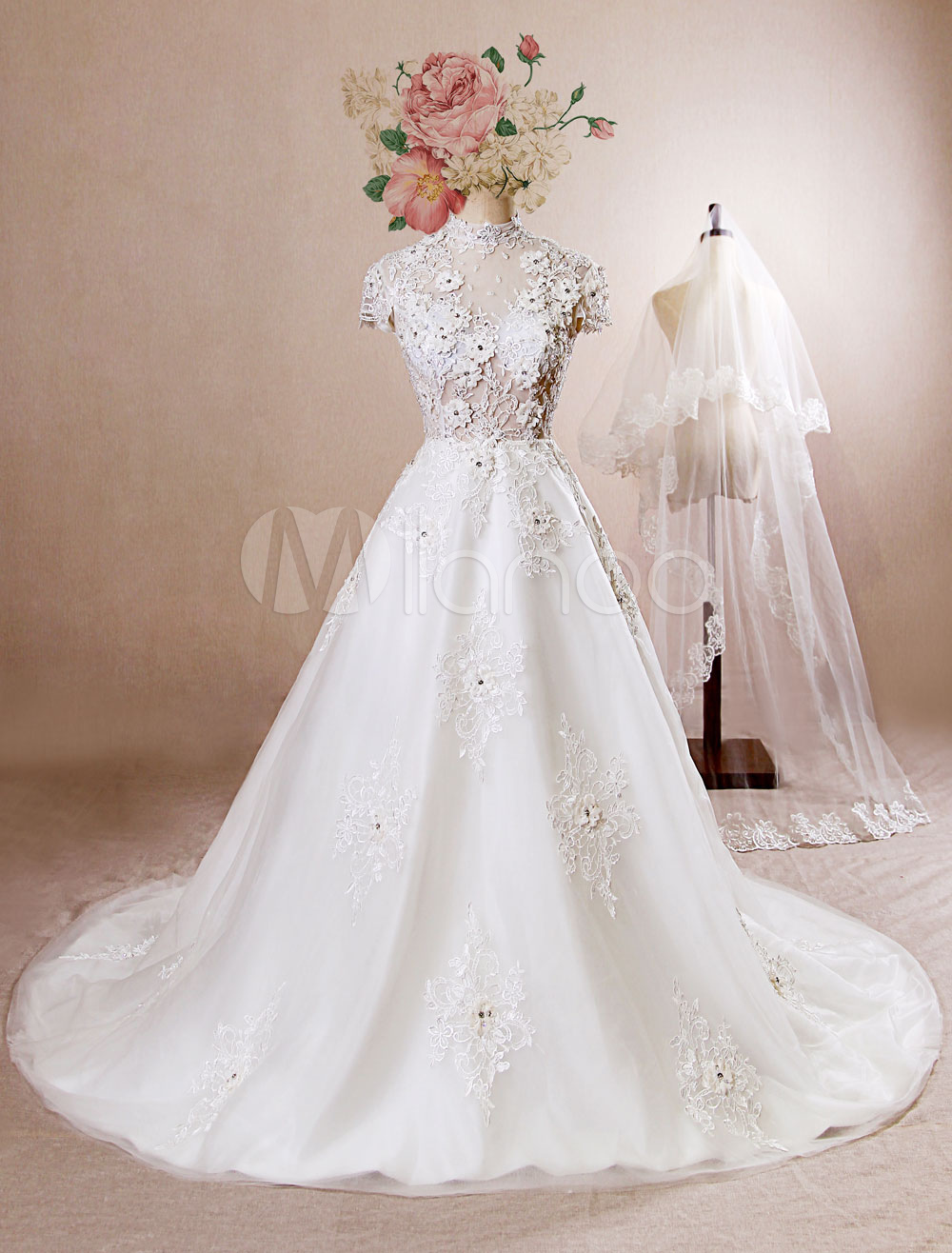 Ivory Wedding Dress High Neck Sheer Applique Flowers Wedding Gown