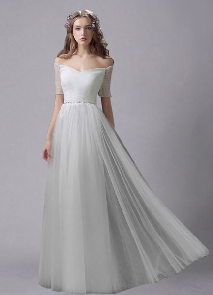 Boda Vestidos de novia | Vestido de novia de tul con escote de hombros caídos y cuentas hasta el suelo - PD60786