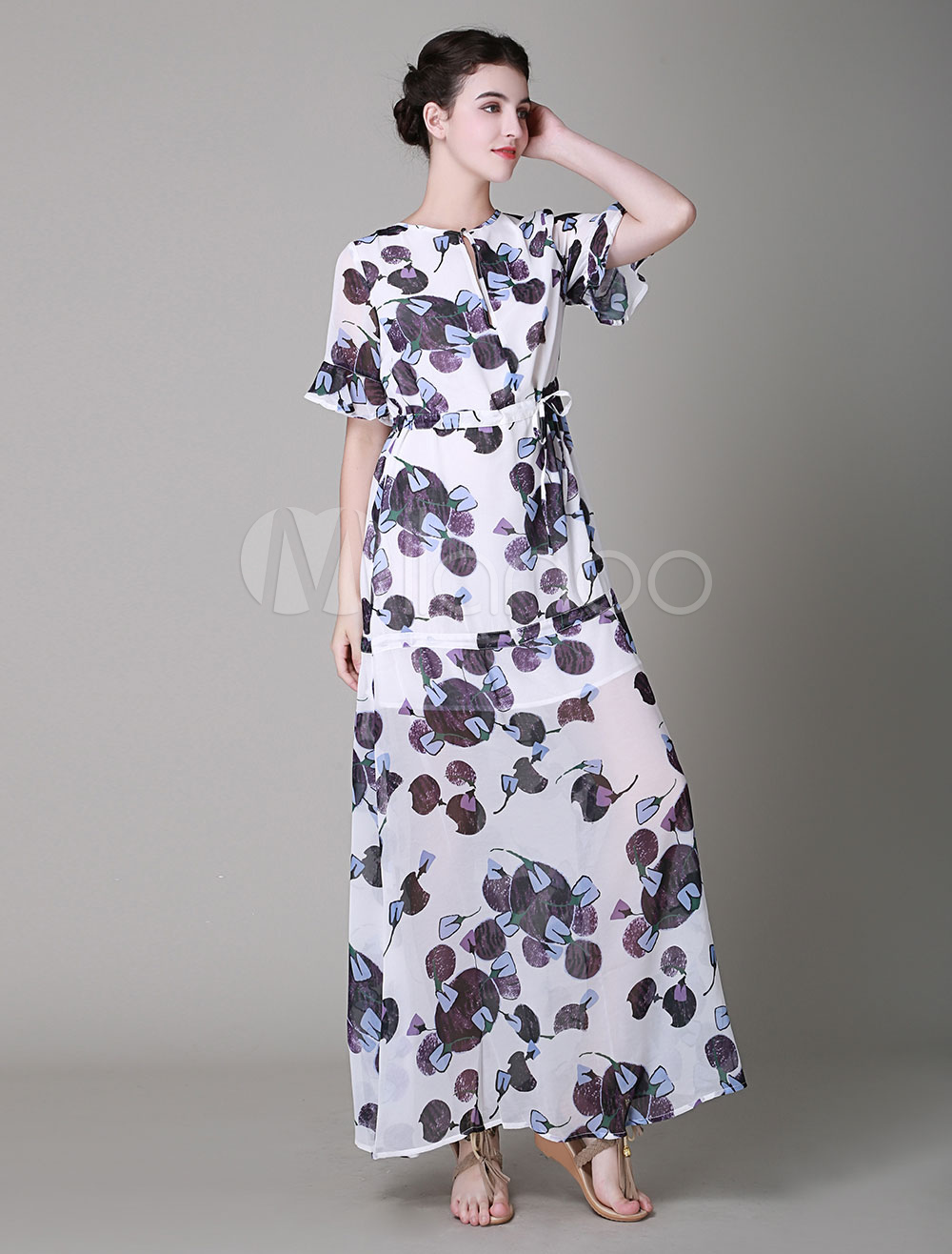Scoop Neck Falbala High-waisted Half Sleeves Floral Maxi Dress ...