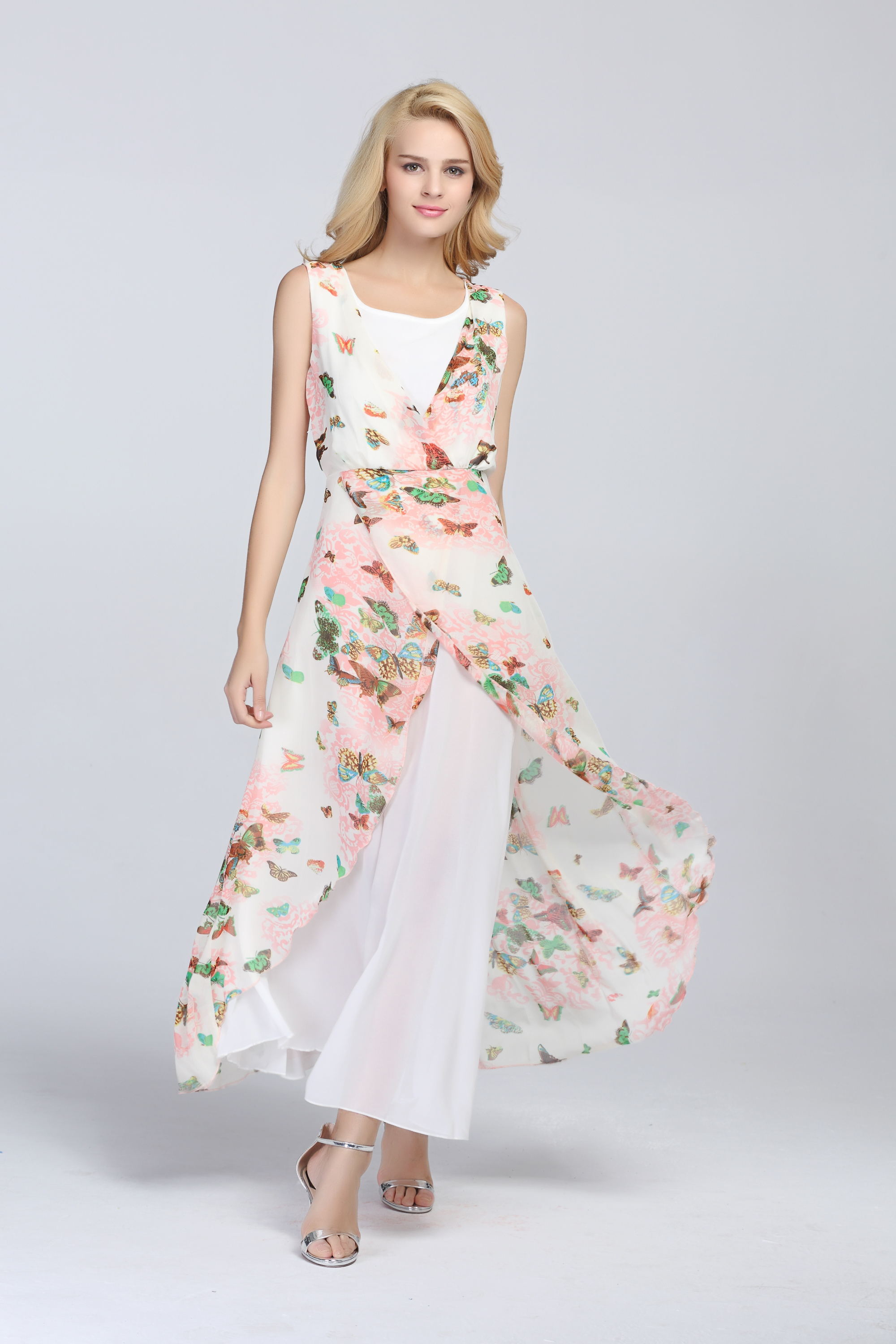Sleeveless Chiffon Floral Bow Layered Pleated Maxi Dress - Milanoo.com
