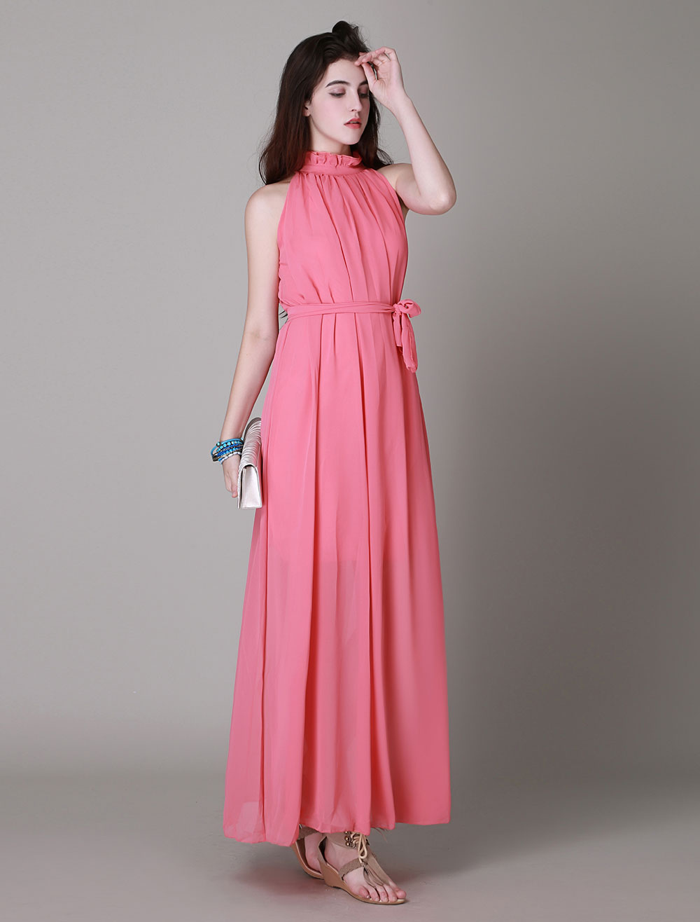 Stand Collar Wrinkled Sleeveless Maxi Dress - Milanoo.com