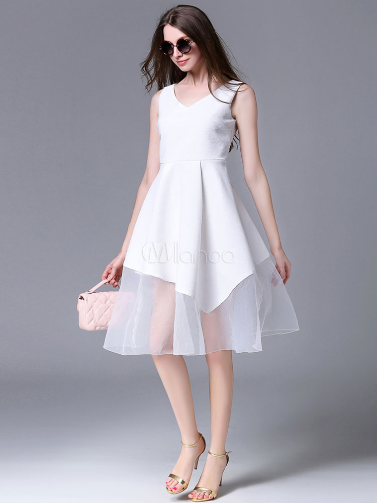 Vneck Sleeveless Pleated Semisheer Skater Dress