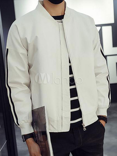 Black/White Bomber Jacket For Men With Striped Sleeves - Milanoo.com