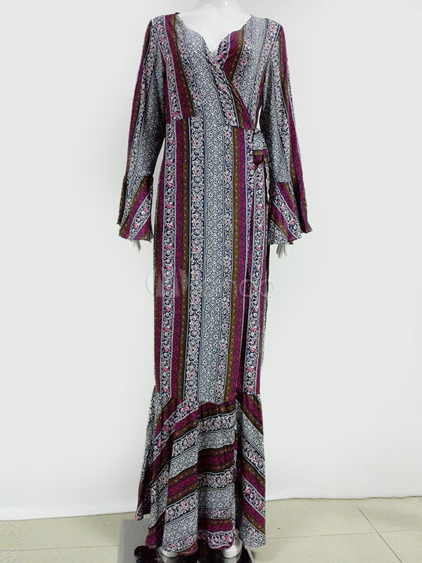 Boho Maxi Dress V Neck High Split Long Sleeve Purple Print Dress ...