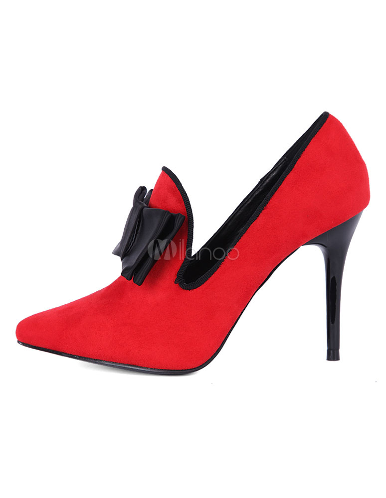 Red Pumps Bow Suede Pointy Toe Heels - Milanoo.com
