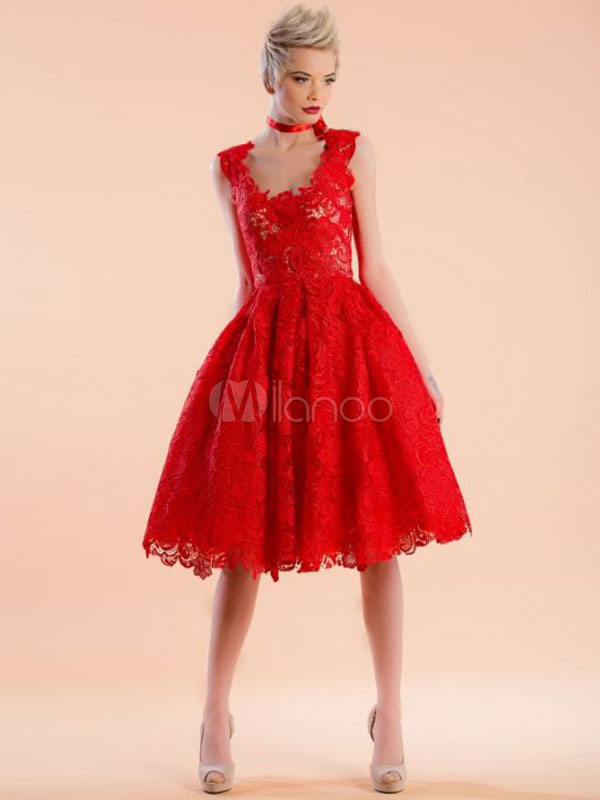 Red Flare Dress DeepV Lace Ruffles Dress