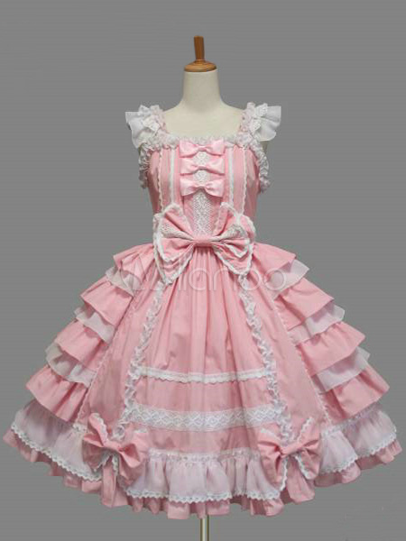 Elegant Sweet Cotton Lolita Jumper Skirt Lace Trim Layers Ruffles Bows ...