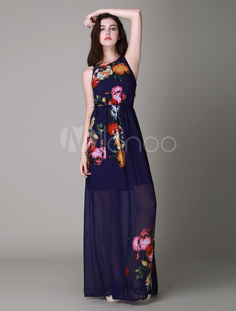 Multicolor Floral Print Chiffon Maxi Dress For Women 