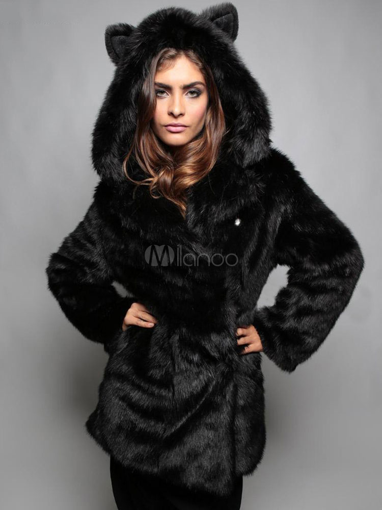Faux Fur Coat Women Black Hoodie Faux Fur Jacket Oversized Winter ...