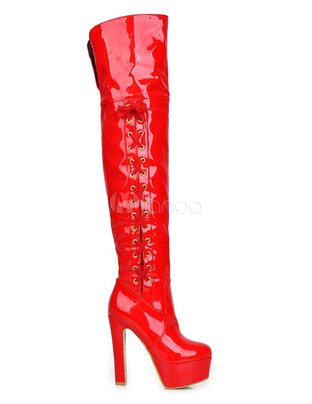 Red Over Knee Boots Women's Platform Round Toe High Heels Thigh High ...