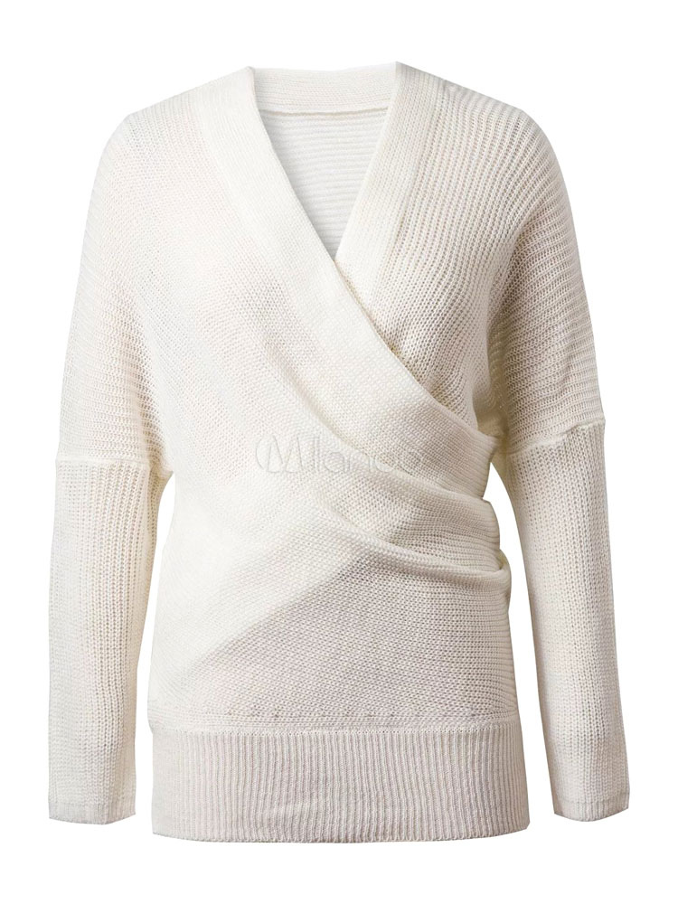 Women's Apricot Sweater Long Sleeve V-neck Cross Front