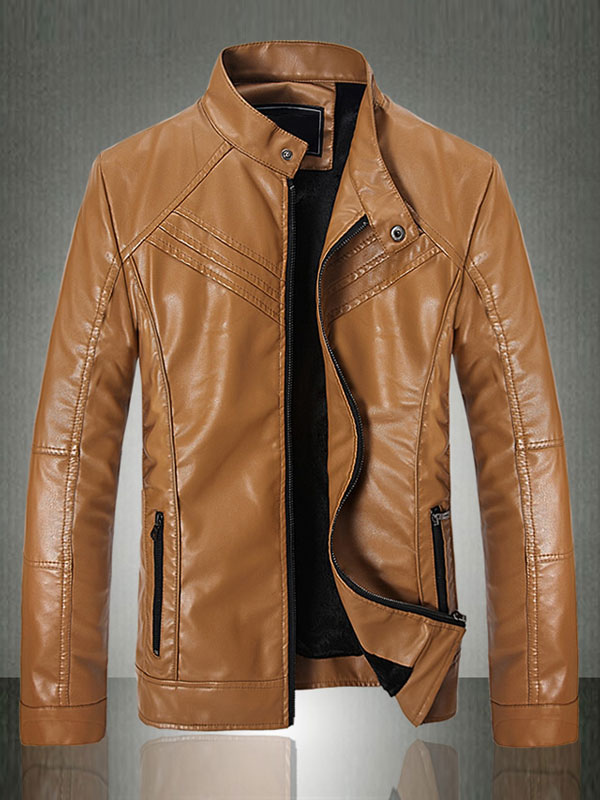 Stand Collar Leather Jacket in Slim Fit - Milanoo.com