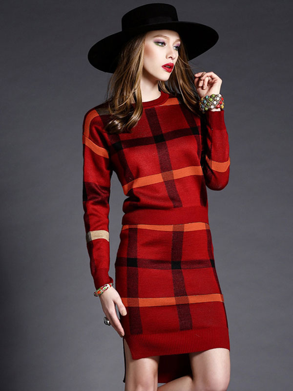 British Style Knitted 2-Piece With Plaid - Milanoo.com