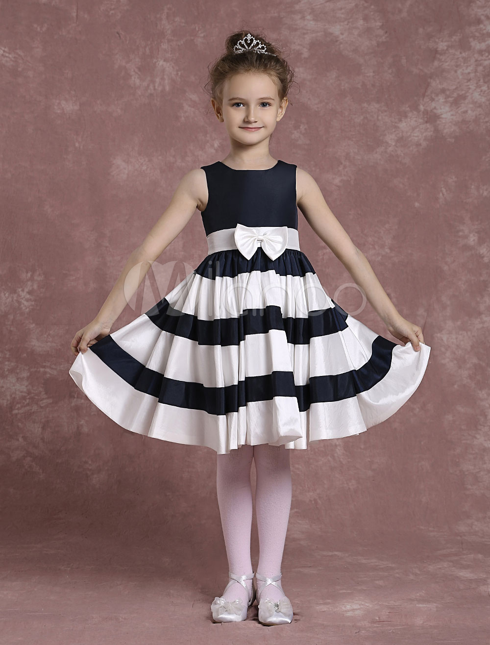 Dark Navy Flower Girl Dress With Stripes Sash Taffeta - Milanoo.com