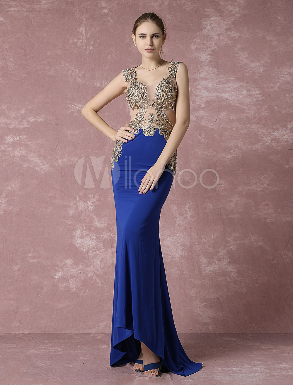 Blue Evening Dress Mermaid Party Dress Embroidered Rhinestone Illusion