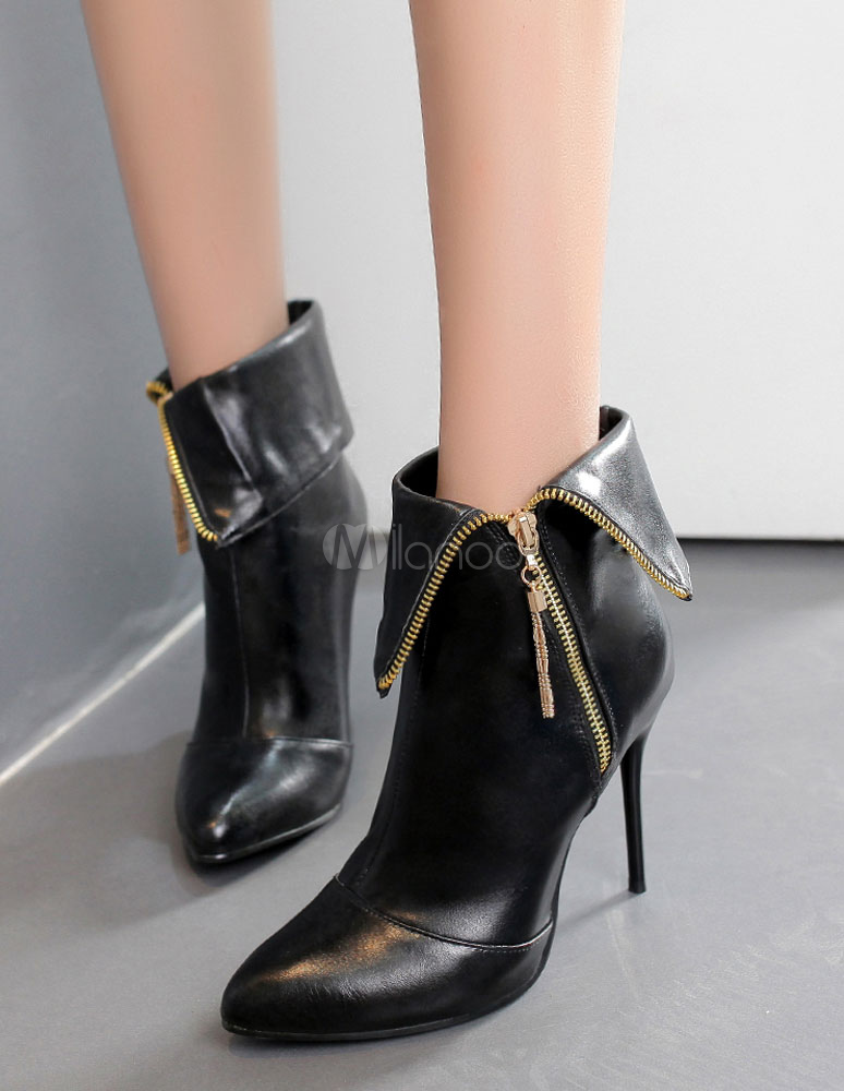 Pointed Toe Booties High Heel Black Ankle Boots Women's Zipper Stiletto ...