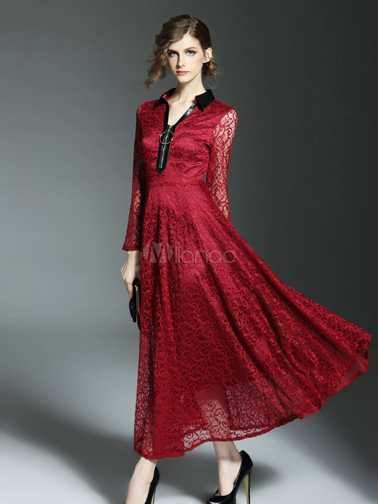 Red Lace Dress Spread Collar Long Sleeve Pleated Maxi Dress For Women ...