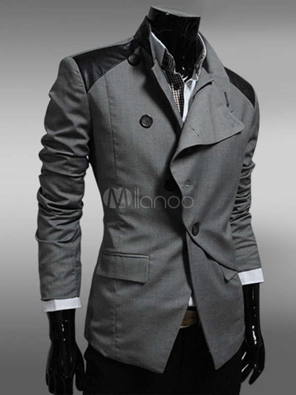 Black Men's Jacket Long Sleeve Oblique Button Patchwork Casual Suit ...