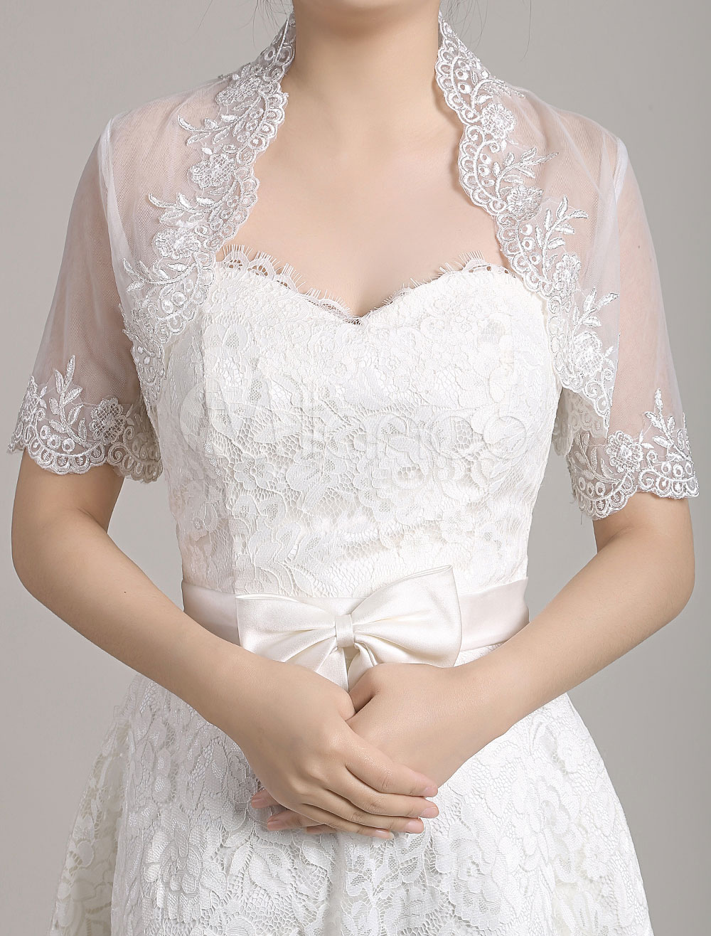 Wedding Bolero Jacket Lace White Half Sleeve Open Front Scalloped ...