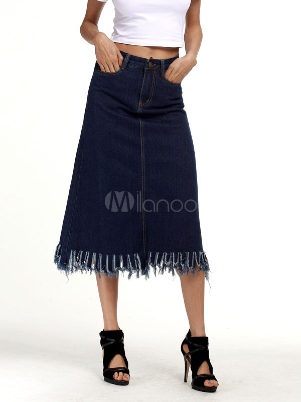 Women's Denim Skirt Deep Blue Cowboy Long Skirt - Milanoo.com