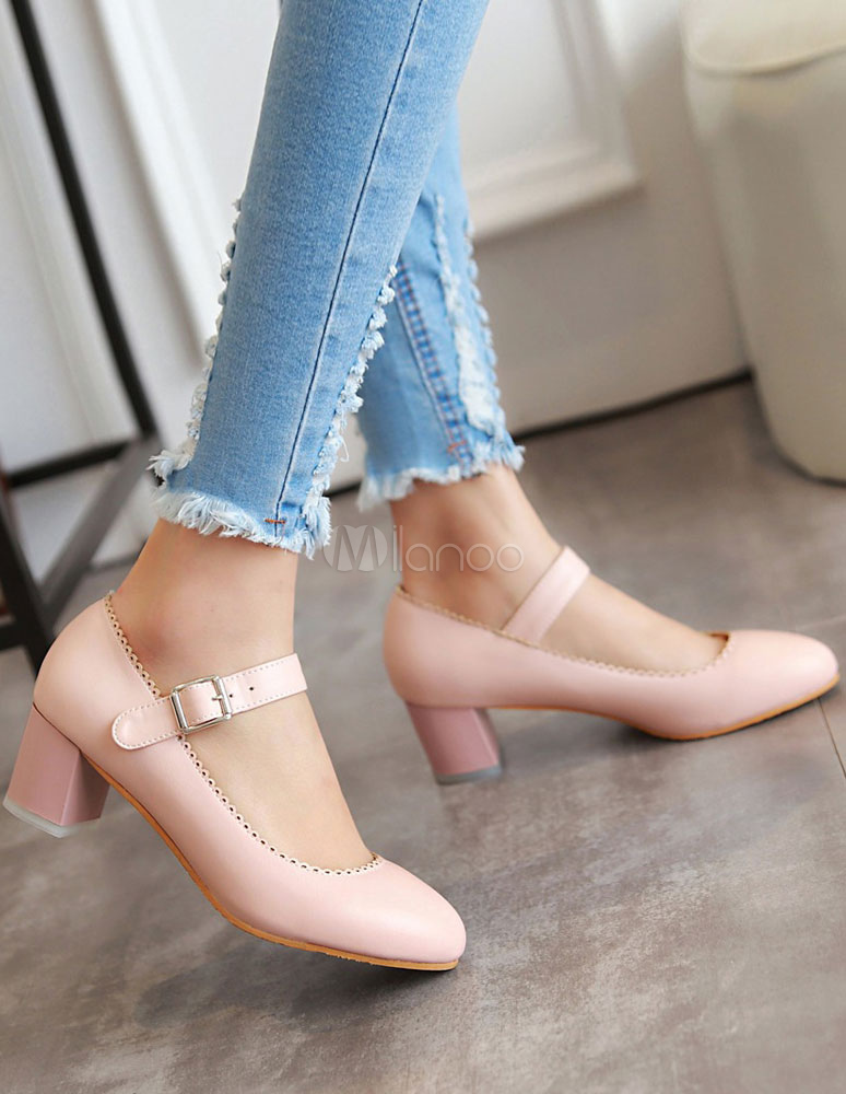 White Mary Jane Shoes Women's Round Toe Chunky Heel Shoes
