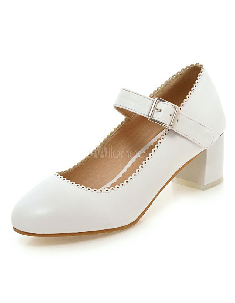 White Mary Jane Shoes Women's Round Toe Chunky Heel Shoes