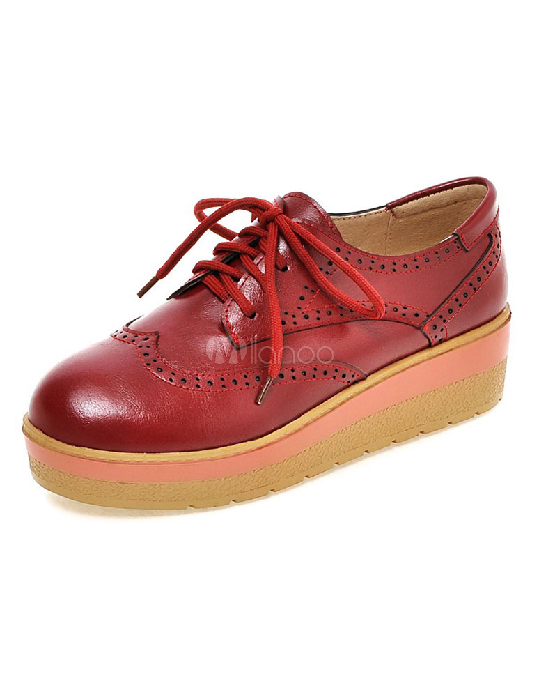 Burgundy Oxford Shoes Women's Round Toe Lace Up Platform Shoes