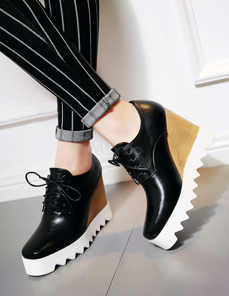 Black Casual Shoes Women's Lace Up Wedge Shoes